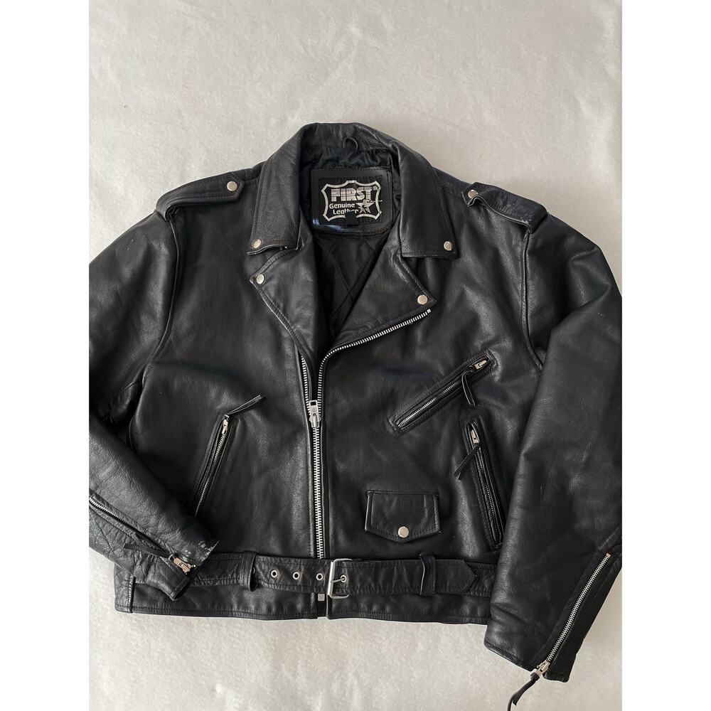 FIRST Jacket Men 52 Black Leather Biker Motorcycle Belted Zip Pockets Quilted